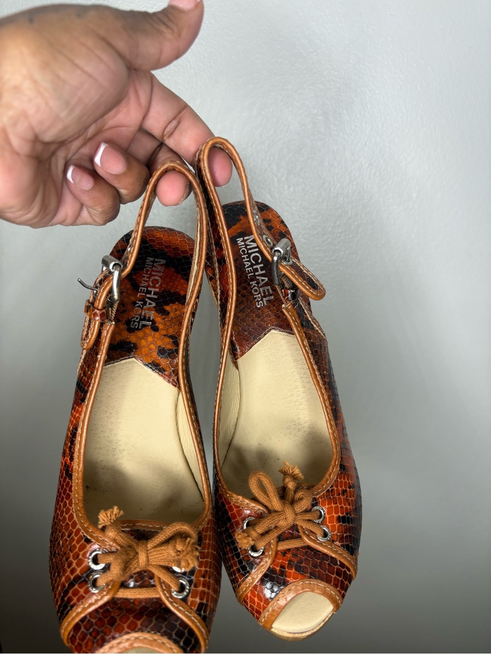 Michael Kors Orange Brown Snakeskin Peep-Toe Slingback Heels